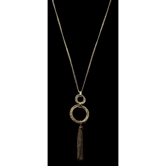 Elegant Double Ring Tassel Gold Tone Pendant Necklace - Picture 2 of 6